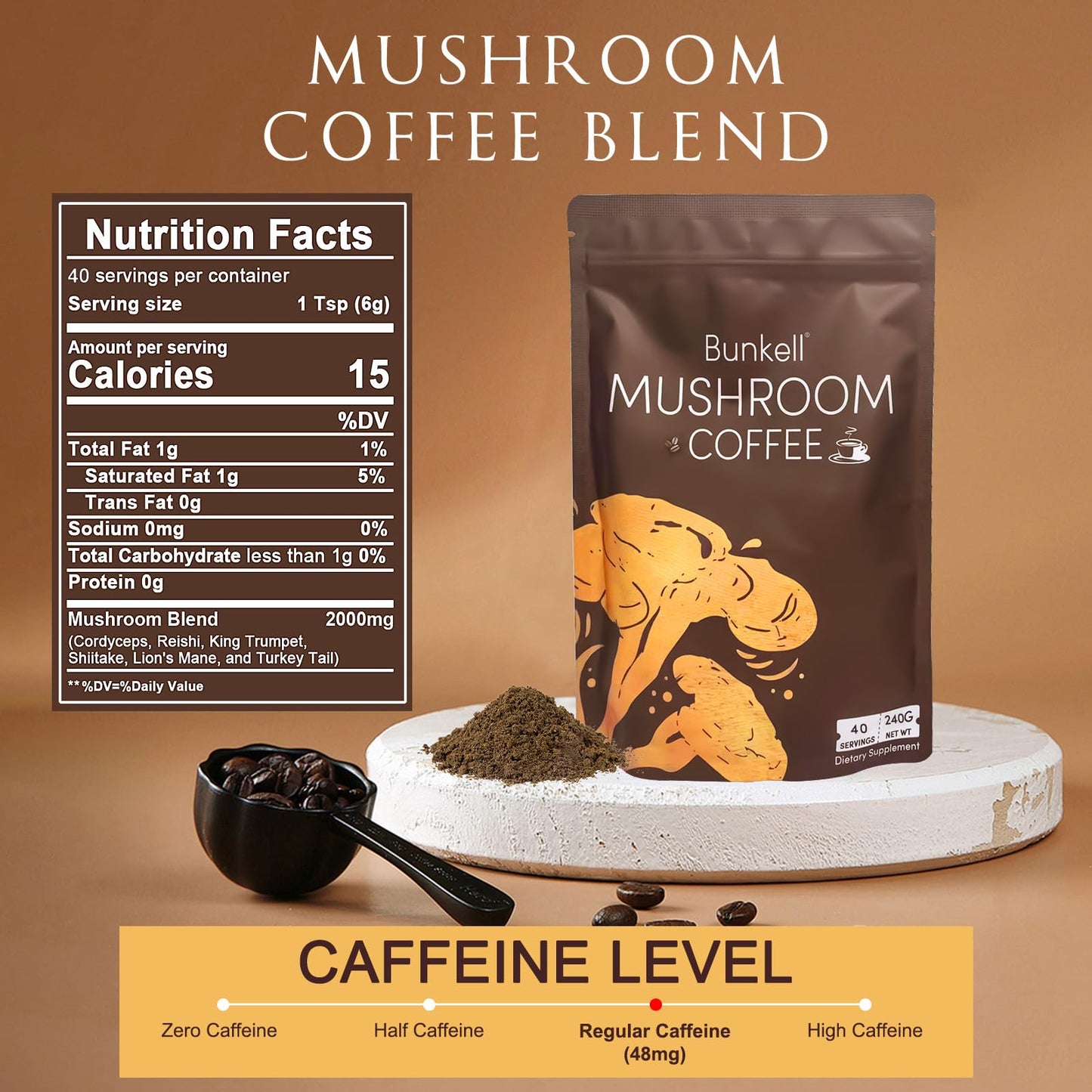 Bunkell Mushroom Coffee – Adaptogenic 6 Mushrooms (Lion's Mane, Reishi, Cordyceps, Shiitake, King Trumpet & Turkey Tail) – 40 Servings