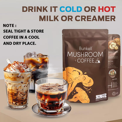 Bunkell Mushroom Coffee – Adaptogenic 6 Mushrooms (Lion's Mane, Reishi, Cordyceps, Shiitake, King Trumpet & Turkey Tail) – 40 Servings