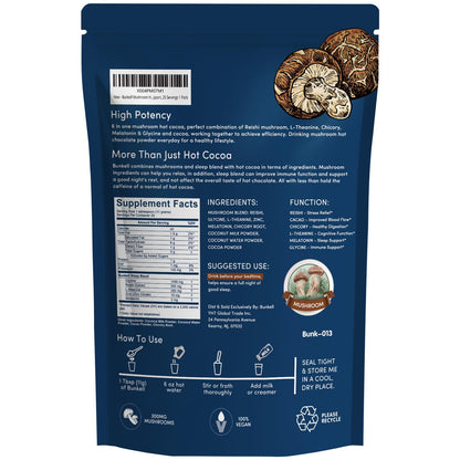 Bunkell Mushroom Hot Cocoa – Adaptogenic Reishi, L-Theanine & Melatonin | Sleep Support, 25 Servings