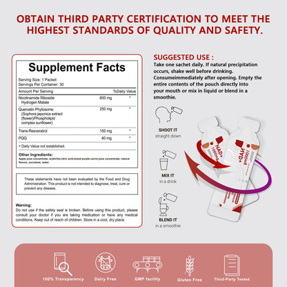 Buporai NAD Supplement 1000 mg Liquid Packets – NAD+ NR with Resveratrol, PQQ & Quercetin