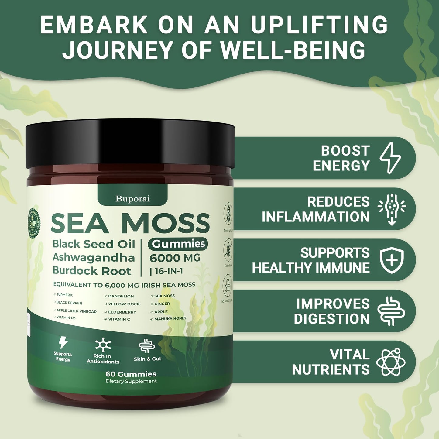 Buporai Sea Moss Gummies 16-In-1 – Bladderwrack, Ashwagandha & Turmeric | Immune Support, 60 Gummies