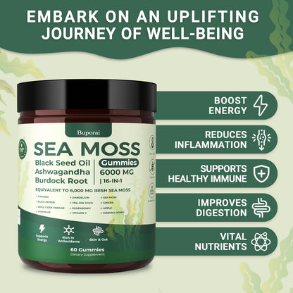 Buporai Sea Moss Gummies 16-In-1 – Bladderwrack, Ashwagandha & Turmeric | Immune Support, 60 Gummies