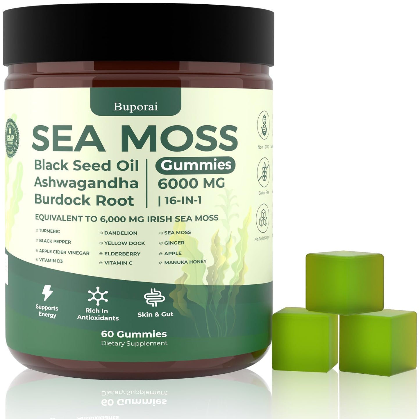 Buporai Sea Moss Gummies 16-In-1 – Bladderwrack, Ashwagandha & Turmeric | Immune Support, 60 Gummies