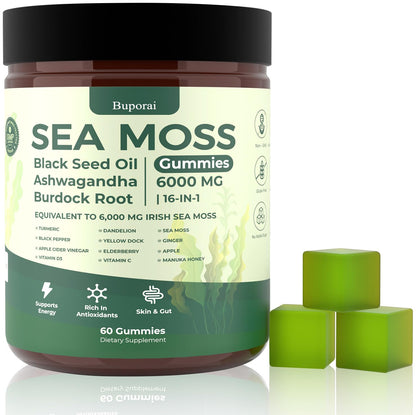 Buporai Sea Moss Gummies 16-In-1 – Bladderwrack, Ashwagandha & Turmeric | Immune Support, 60 Gummies