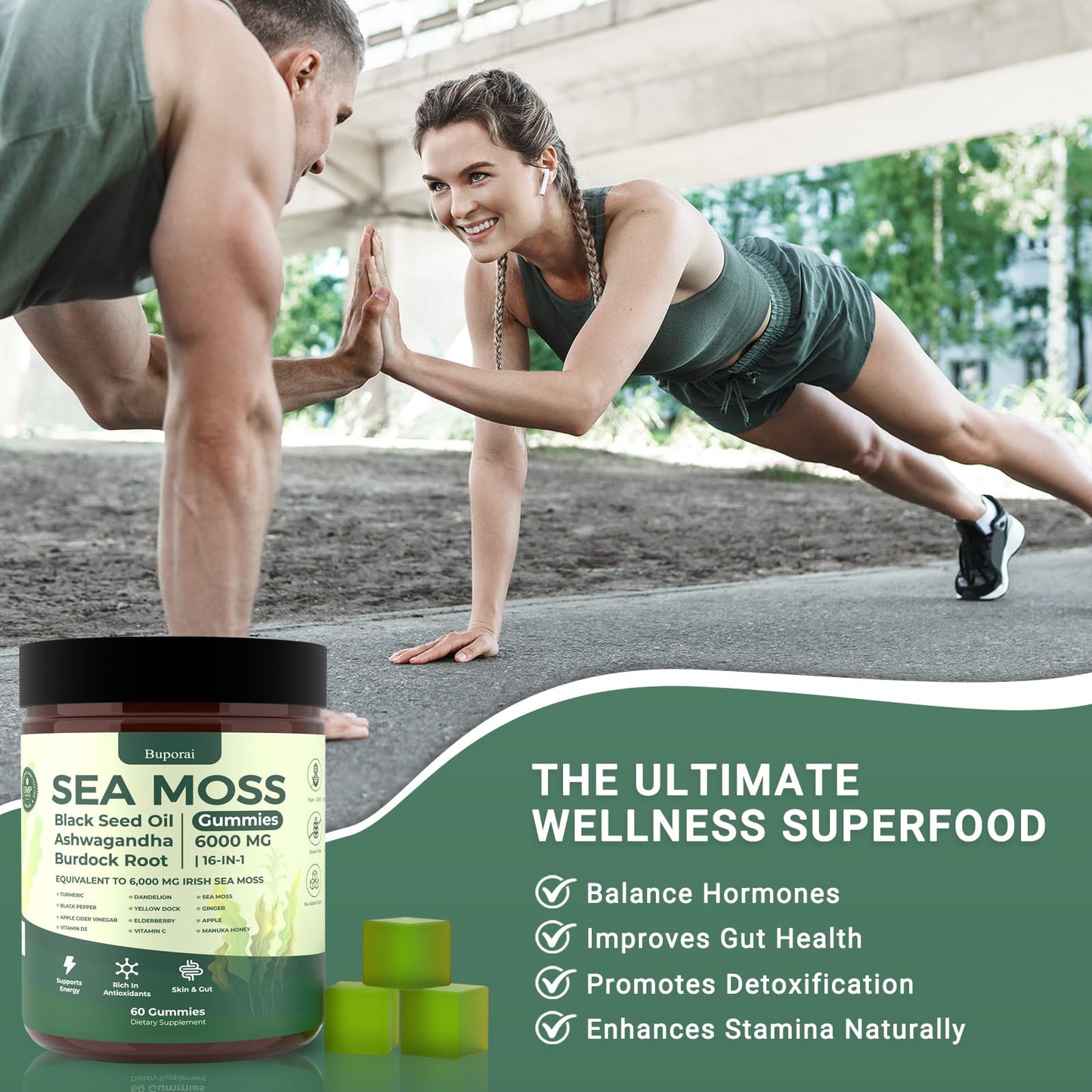 Buporai Sea Moss Gummies 16-In-1 – Bladderwrack, Ashwagandha & Turmeric | Immune Support, 60 Gummies
