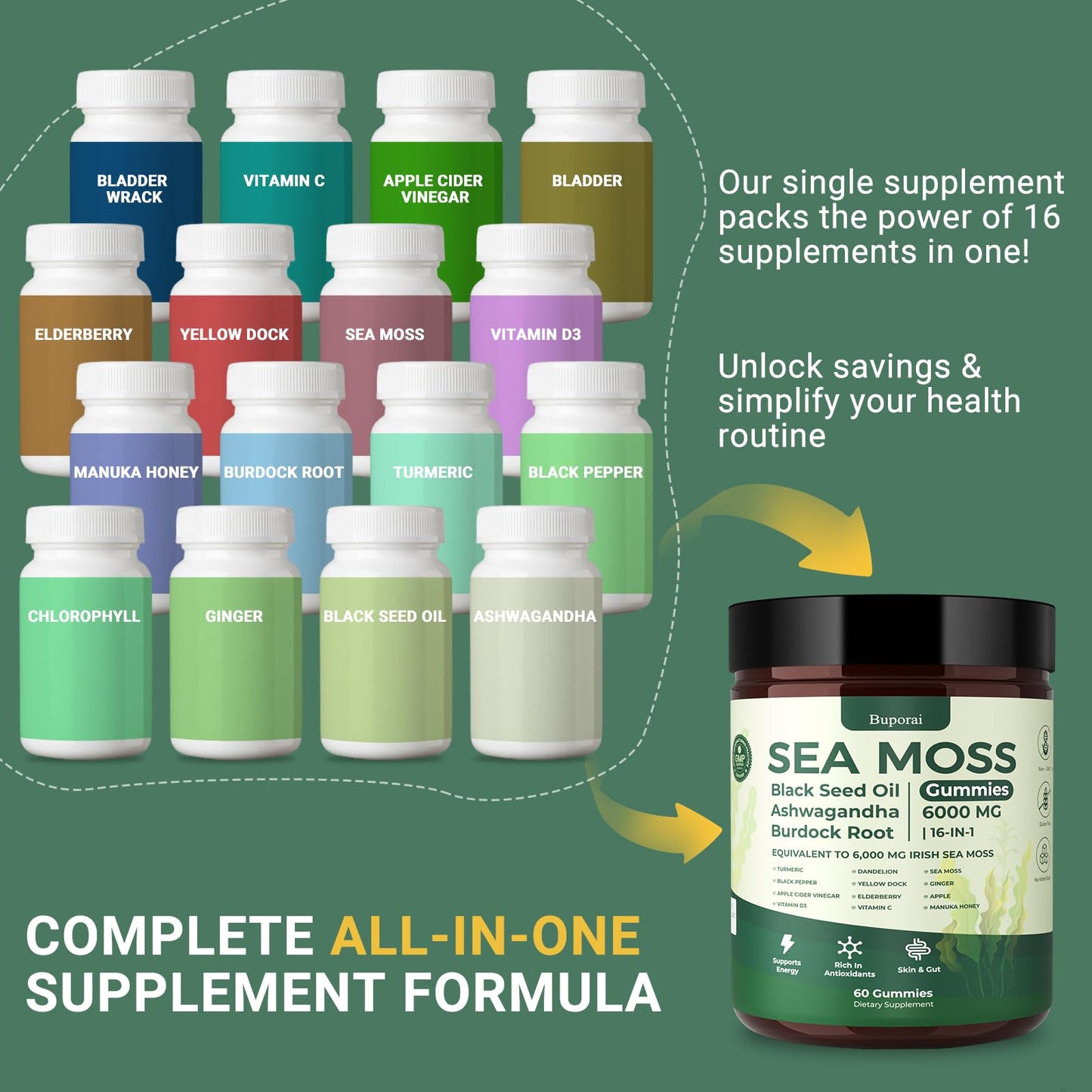 Buporai Sea Moss Gummies 16-In-1 – Bladderwrack, Ashwagandha & Turmeric | Immune Support, 60 Gummies