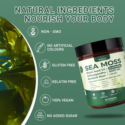 Buporai Sea Moss Gummies 16-In-1 – Bladderwrack, Ashwagandha & Turmeric | Immune Support, 60 Gummies