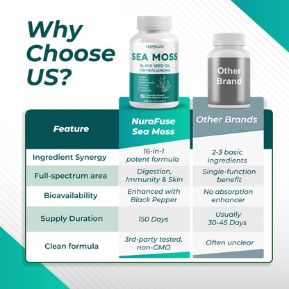 SEA Moss Black Seed Oil Ashwagandha Ginger 16-in-1 Formula - Non-GMO, Gluten-Free, Soy-Free