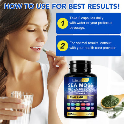 Sea Moss Black Seed Oil Ashwagandha Ginger Turmeric Capsules & Gummies – 60 Count