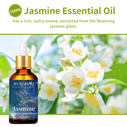 BURIBURI Jasmine Essential Oil 100% Pure Undiluted Aromatherapy Jasmine Oil 100ML/3.38fl.oz for Soap, Candle Making, Massage, Diffuser, Humidifier