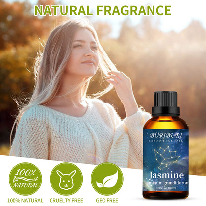 BURIBURI Jasmine Essential Oil 100% Pure Undiluted Aromatherapy Jasmine Oil 100ML/3.38fl.oz for Soap, Candle Making, Massage, Diffuser, Humidifier