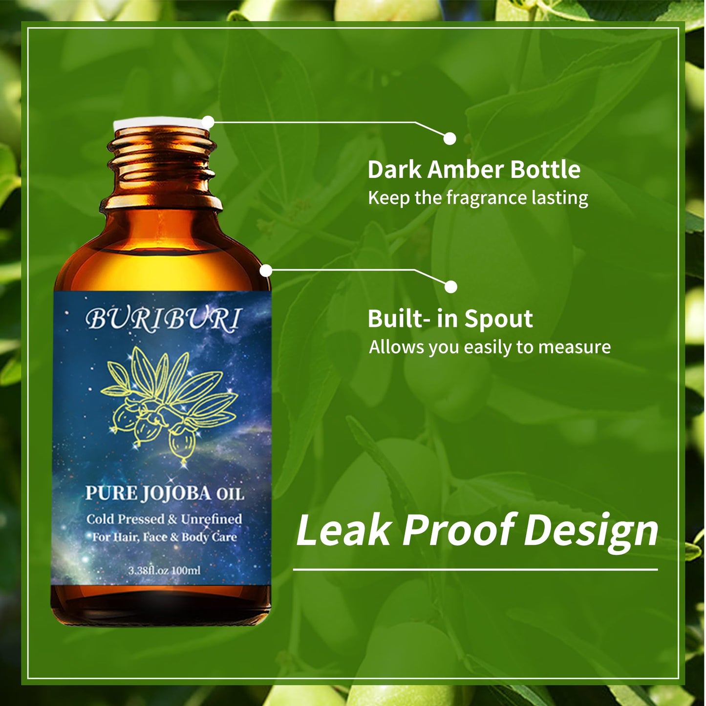 BURIBURI 100% Pure Organic Jojoba Carrier Oil – 100ml (3.38 fl oz) | Natural Hair & Skin Oil