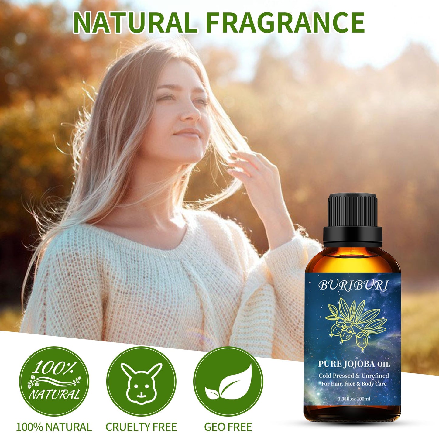 BURIBURI 100% Pure Organic Jojoba Carrier Oil – 100ml (3.38 fl oz) | Natural Hair & Skin Oil