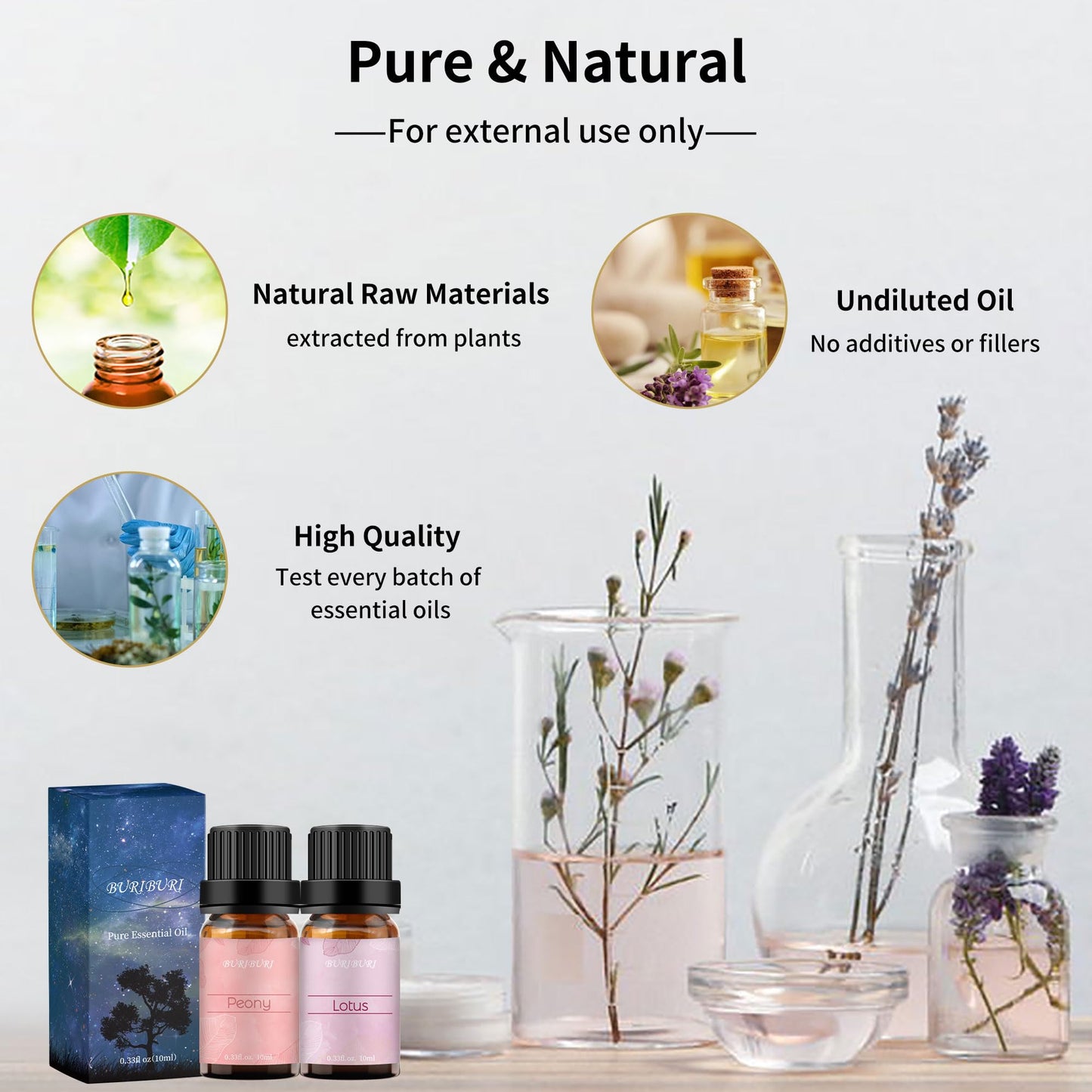 BURIBURI Lotus & Peony Essential Oils Gift Set 2-Pack – 100% Pure | Diffuser, Soap Making