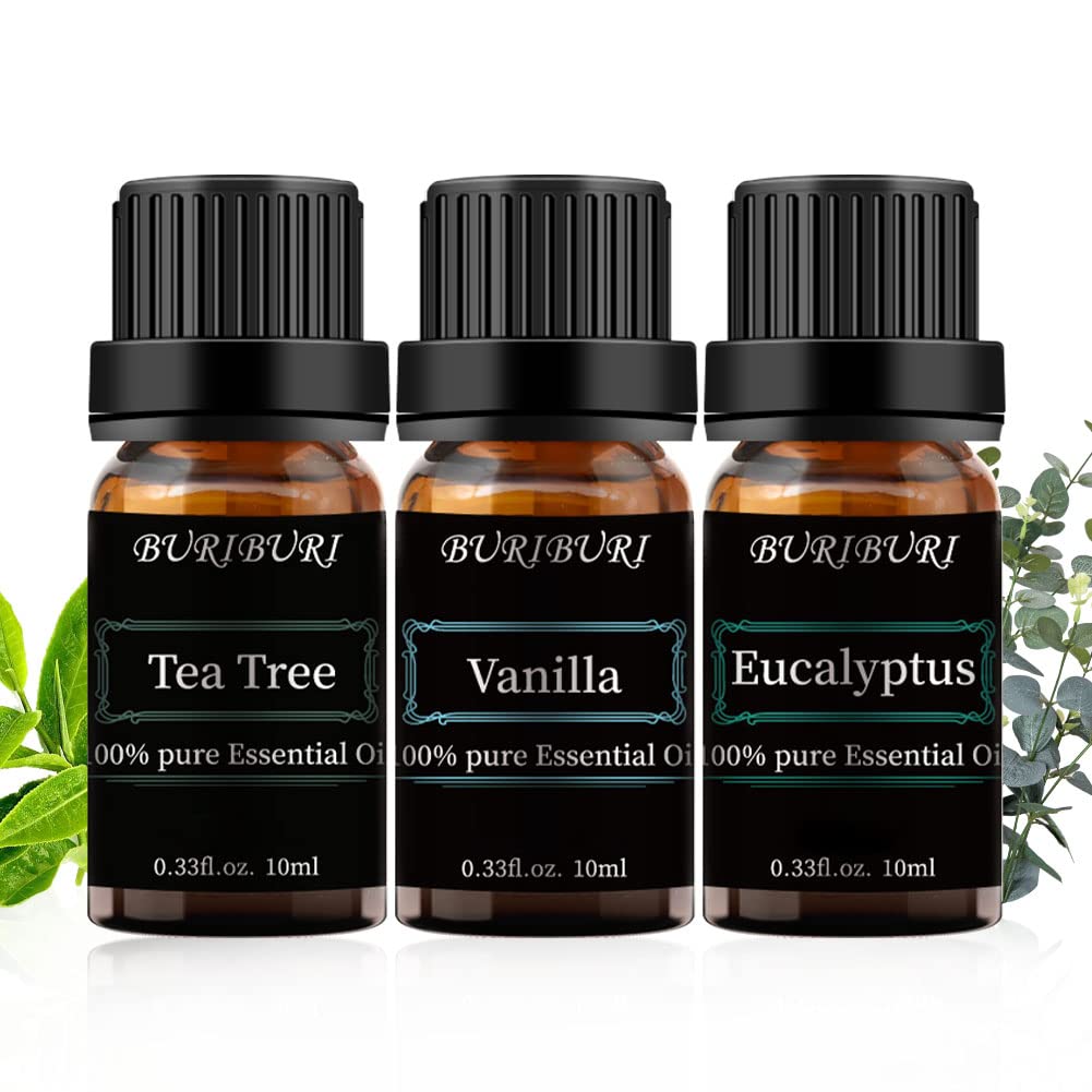 BURIBURI Tea Tree, Eucalyptus & Vanilla Essential Oil Set – 3x10ml, 100% Pure