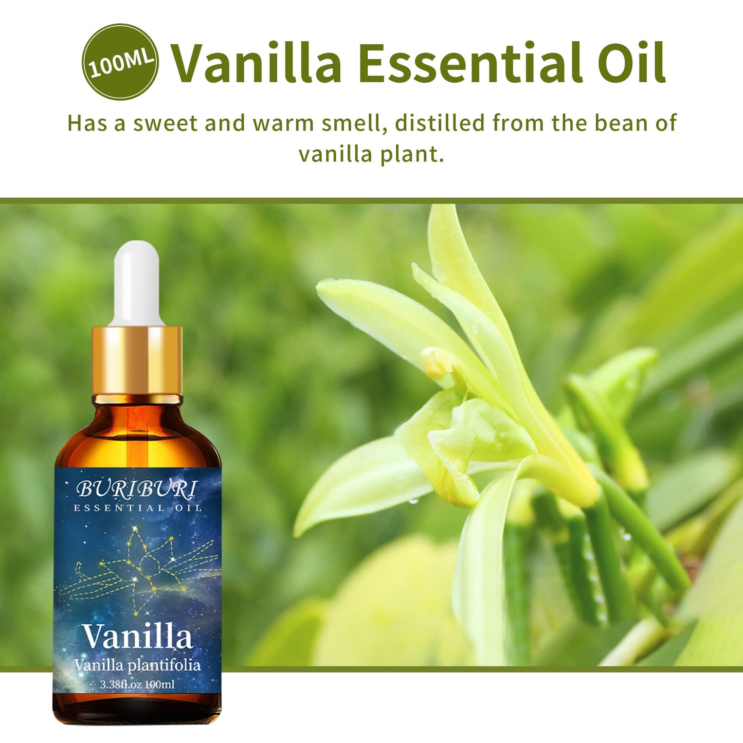 BURIBURI 100ML Vanilla Essential Oil – 100% Pure Undiluted Aromatherapy Vanilla Oil for Soap, Candles, Massage, Diffusers