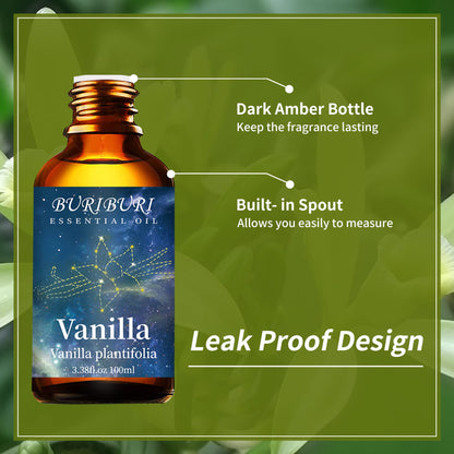 BURIBURI 100ML Vanilla Essential Oil – 100% Pure Undiluted Aromatherapy Vanilla Oil for Soap, Candles, Massage, Diffusers