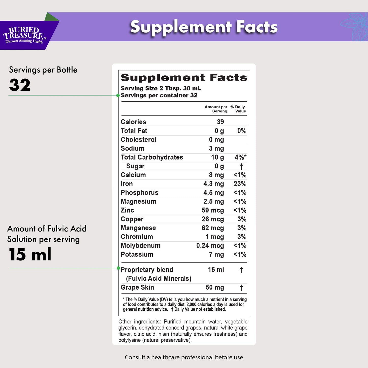Buried Treasure Fulvic Minerals Grape Flavor – 32 Servings | Colloidal Trace Minerals & Electrolytes for Hydration