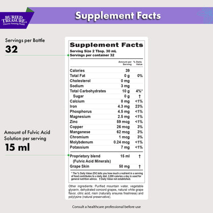 Buried Treasure Fulvic Minerals Grape Flavor – 32 Servings | Colloidal Trace Minerals & Electrolytes for Hydration