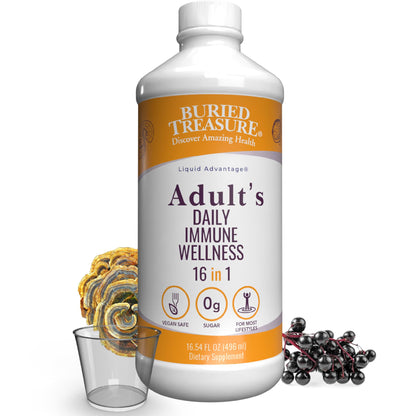 Buried Treasure Adult Daily Immune Wellness 16oz with Dose Cup – Elderberry, Echinacea, Vitamin C, Zinc & Mushroom Blend