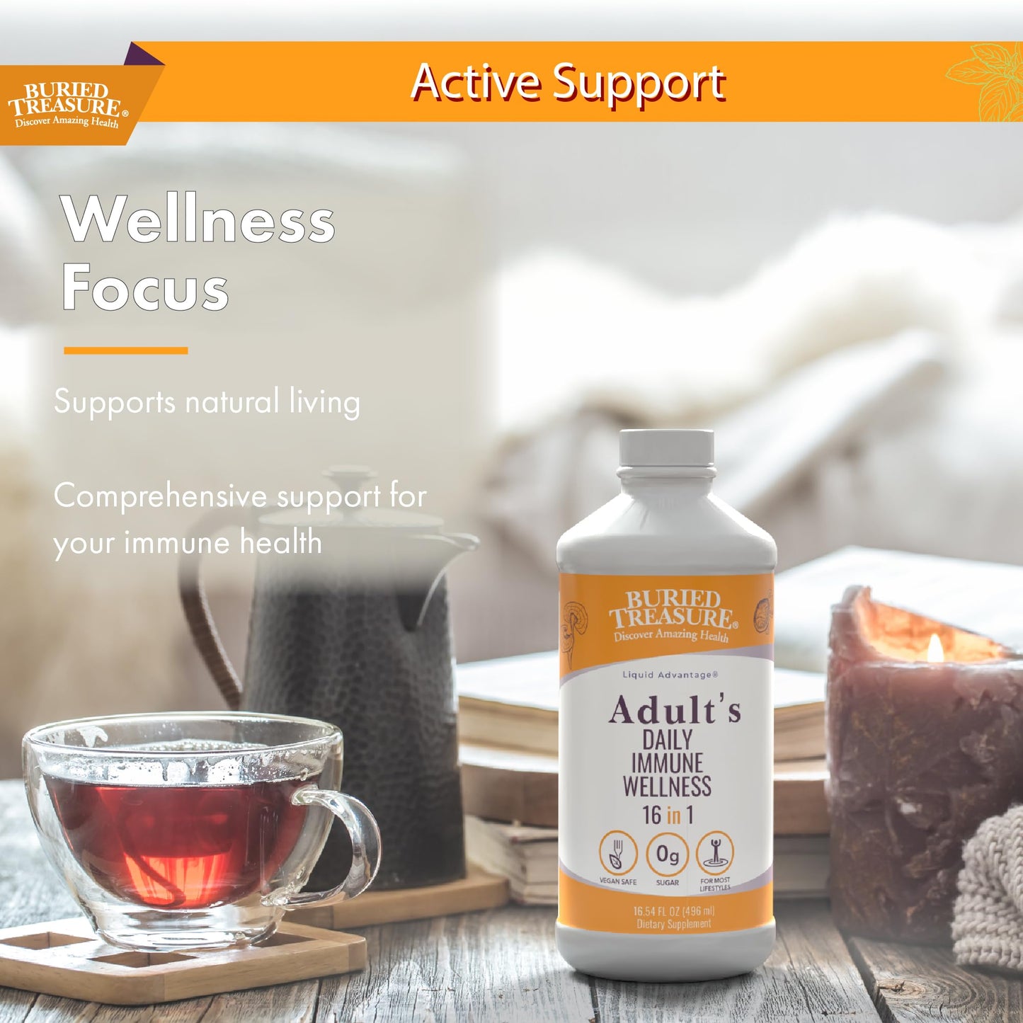 Buried Treasure Adult Daily Immune Wellness 16oz with Dose Cup – Elderberry, Echinacea, Vitamin C, Zinc & Mushroom Blend