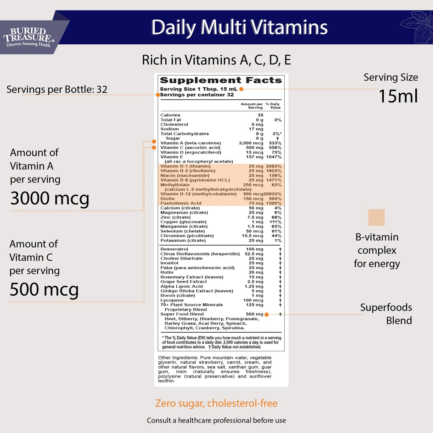 Buried Treasure Daily Nutrition Liquid Multivitamin with Trace Minerals & Superfoods - 32 Servings