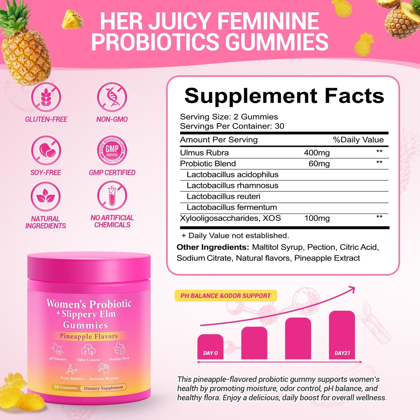 BURMINY Her Juicy Feminine Probiotics Gummies, Premium Feminine Balance Probiotics with Slippery Elm for Women's pH Balance and Freshness – Support Daily Wellness & Comfort 60 Pineapple Gummies