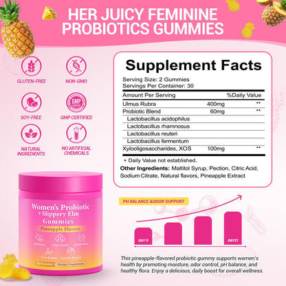 BURMINY Her Juicy Feminine Probiotics Gummies, Premium Feminine Balance Probiotics with Slippery Elm for Women's pH Balance and Freshness – Support Daily Wellness & Comfort 60 Pineapple Gummies