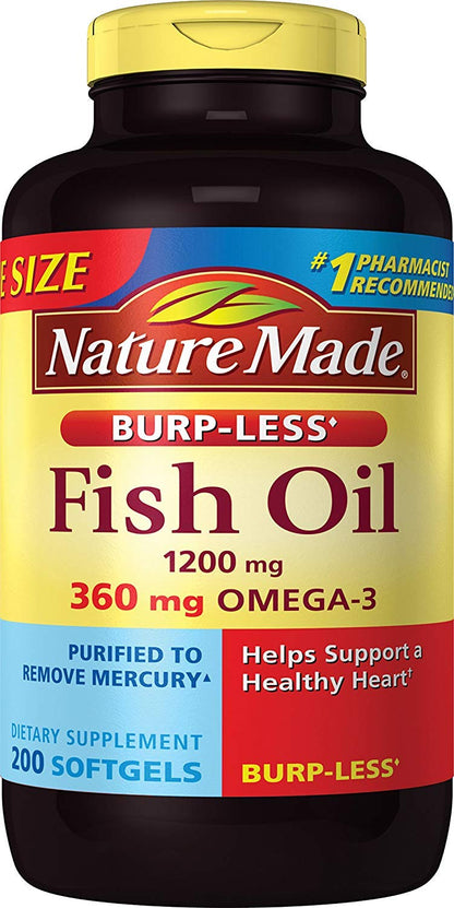 Burp-Less Fish Oil 1200 mg, 200 Softgels | Omega-3 for Heart Health