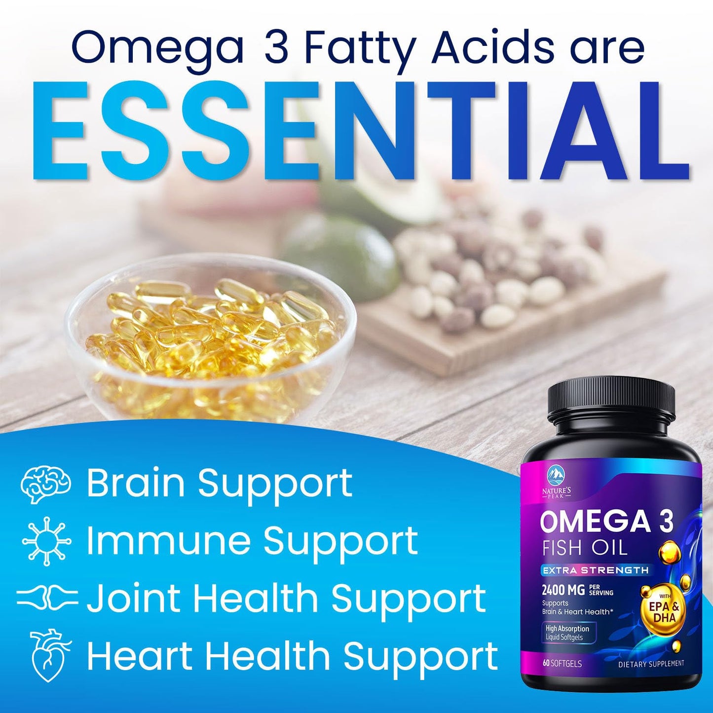 Omega-3 Fish Oil 2400 mg – Triple Strength EPA & DHA Softgels, Sustainably Sourced, 60 Softgels