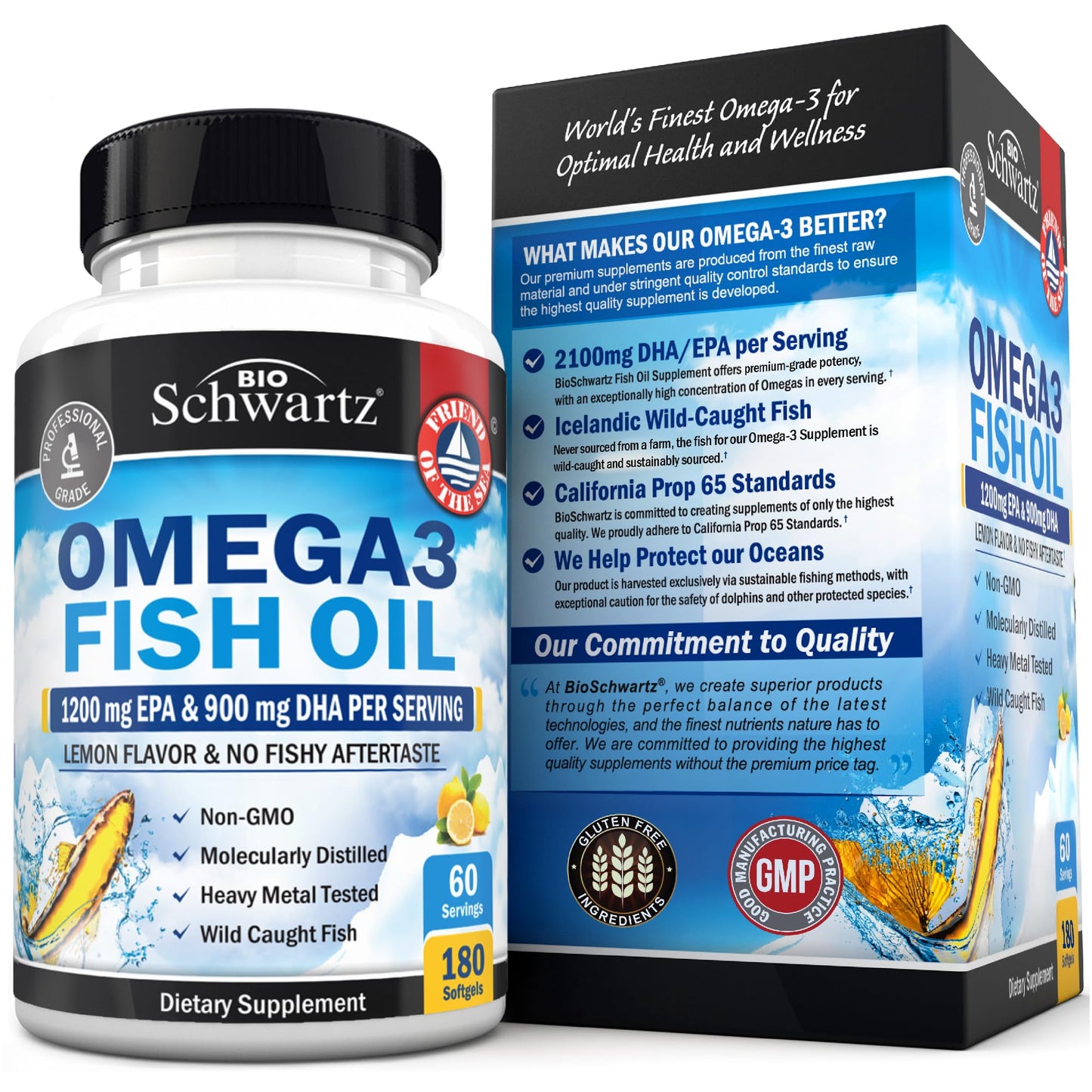 Triple Strength Omega-3 Fish Oil 2250mg EPA/DHA - Burpless Lemon, 180 Softgels
