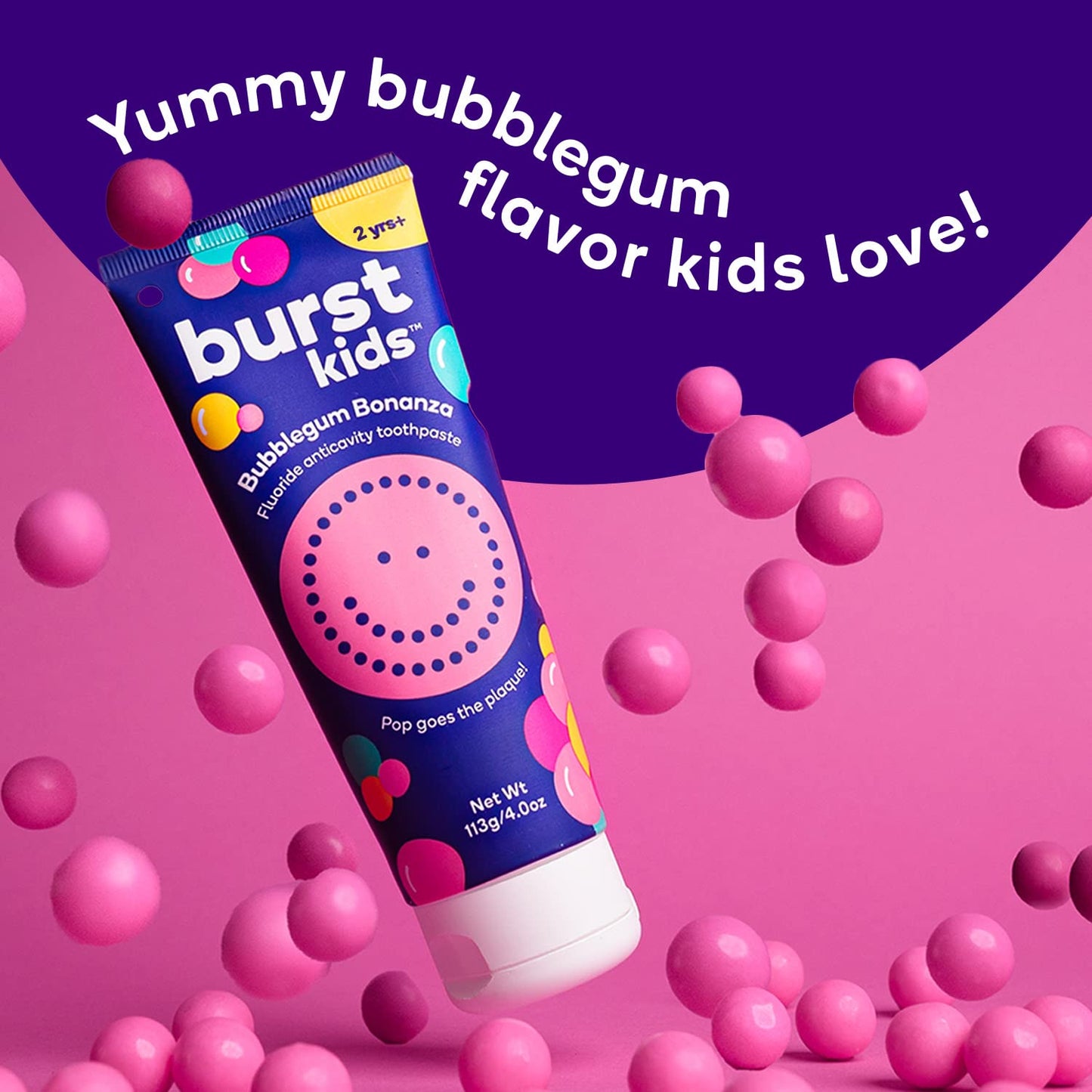 BURST Bubblegum Bonanza Kids Toothpaste with Fluoride (4oz/2 Pack) – Anticavity, Dye Free & Vegan