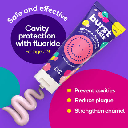 BURST Bubblegum Bonanza Kids Toothpaste with Fluoride (4oz/2 Pack) – Anticavity, Dye Free & Vegan