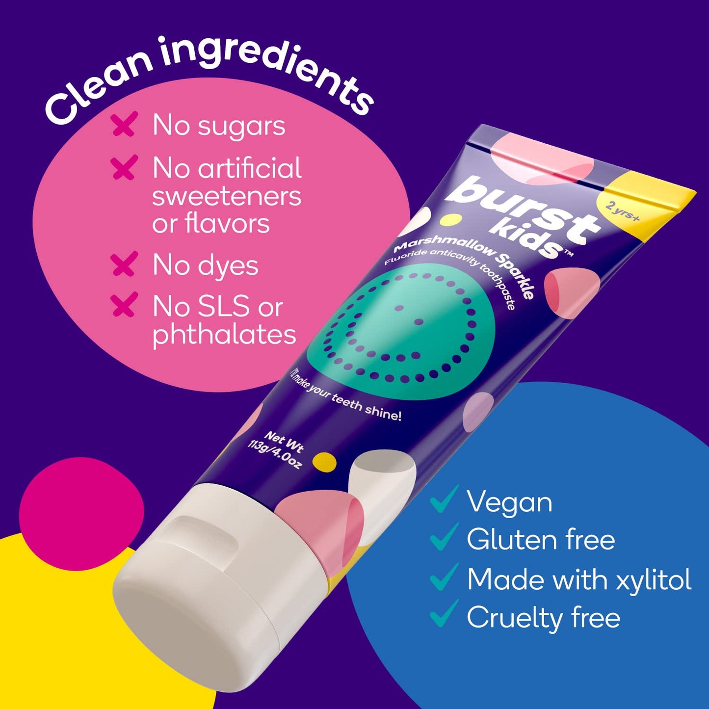 BURST Bubblegum Bonanza Kids Toothpaste with Fluoride (4oz/2 Pack) – Anticavity, Dye Free & Vegan