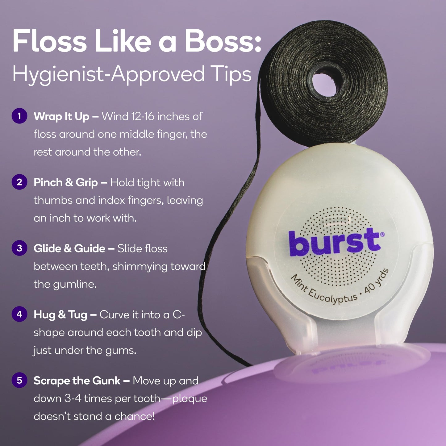 BURST Expanding Dental Floss - Mint Eucalyptus, 40 Yards | Vegan & Paraben Free | Xylitol Coating
