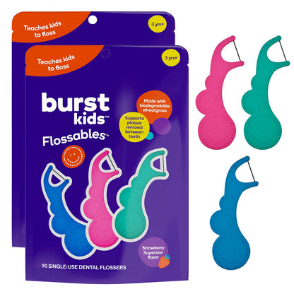BURST Kids Flossers (180 Count/2 Pack) – Strawberry Aroma | Ergonomic, No-Slip Grip