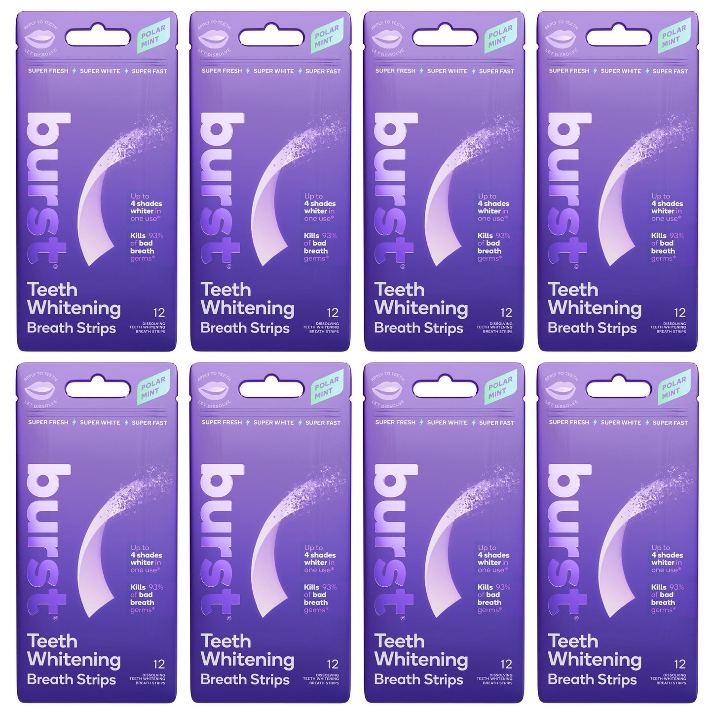 Burst Teeth Whitening Breath Strips Polar Mint (8 Pack) | Kills 93% of Bad Breath Germs | Up to 4 Shades Whiter