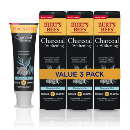 Burt's Bees Charcoal Toothpaste with Fluoride – Mountain Mint, 3 x 4.7 oz (SLS-Free, Not Tested on Animals)