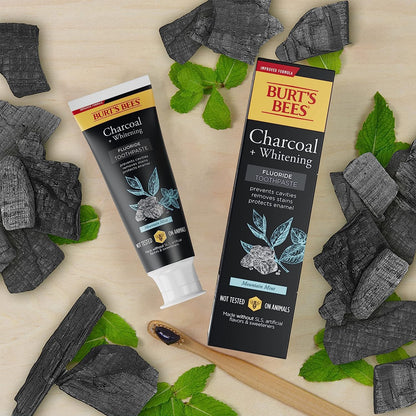 Burt's Bees Charcoal Toothpaste with Fluoride – Mountain Mint, 3 x 4.7 oz (SLS-Free, Not Tested on Animals)