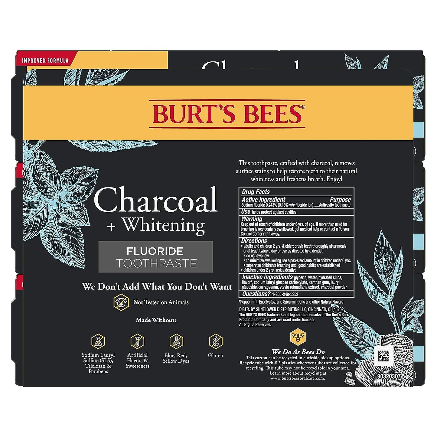 Burt's Bees Charcoal Toothpaste with Fluoride – Mountain Mint, 3 x 4.7 oz (SLS-Free, Not Tested on Animals)
