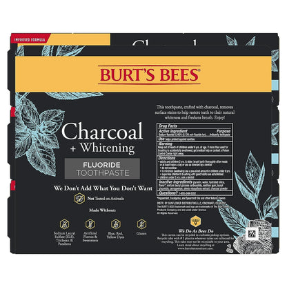 Burt's Bees Charcoal Toothpaste with Fluoride – Mountain Mint, 3 x 4.7 oz (SLS-Free, Not Tested on Animals)