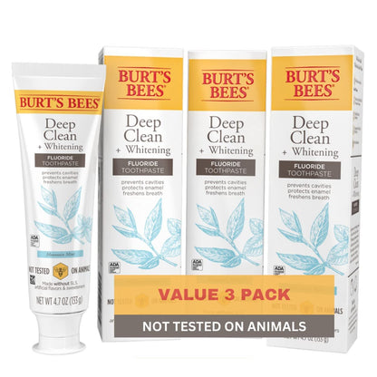 Burt's Bees Toothpaste Mountain Mint Deep Clean + Whitening, Fluoride, ADA Accepted — 4.7 oz (Pack of 3)
