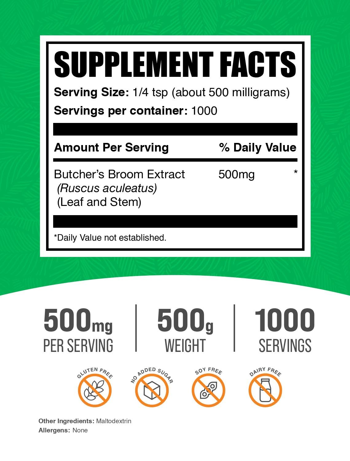 BulkSupplements.com Butcher's Broom Extract Powder – 500 mg/Serving, 500 g (Vegan & Gluten Free)