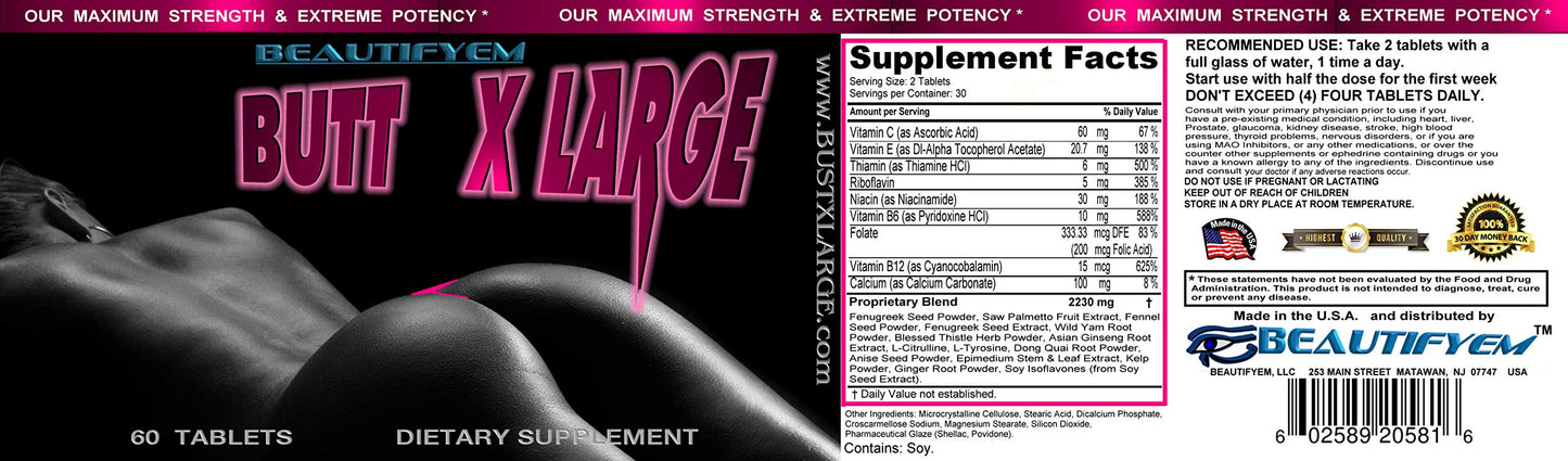 Butt X-Large Butt Enlargement & Booty Enhancement – Natural Glutes Pills (1 Month)