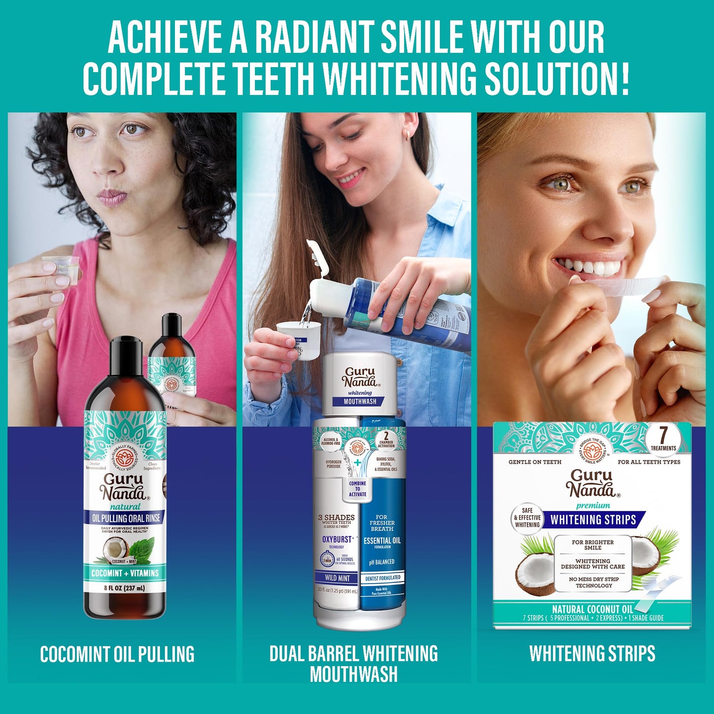 GuruNanda Total Smile Makeover Kit Regular | Cocomint Oil Pulling, Dual Barrel Whitening Mouthwash, Whitening Strips & Butter on Gums Toothbrushes