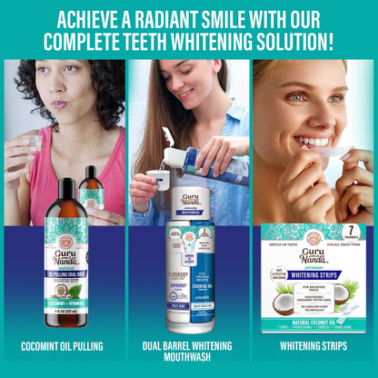 GuruNanda Total Smile Makeover Kit Regular | Cocomint Oil Pulling, Dual Barrel Whitening Mouthwash, Whitening Strips & Butter on Gums Toothbrushes