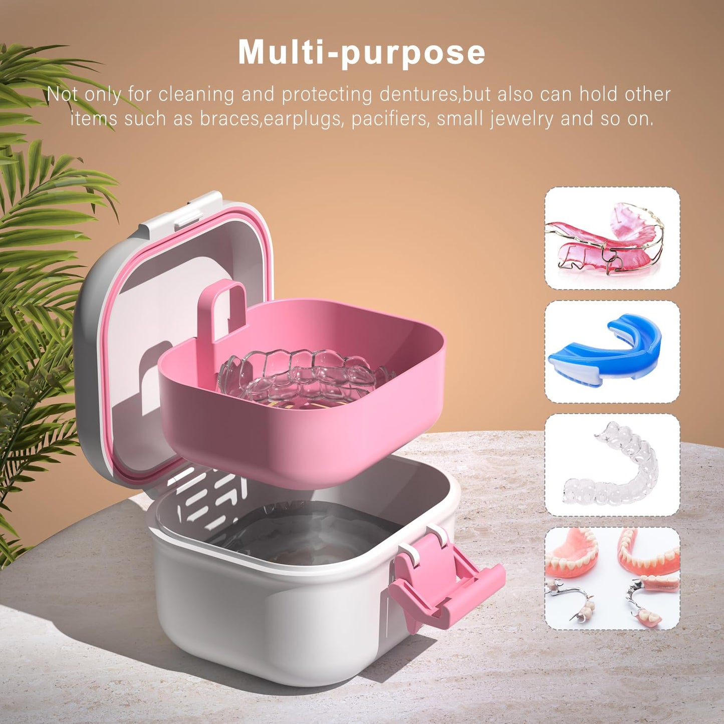 BVN Leak-Proof Denture Case – Pink & White Denture Cup for Soaking
