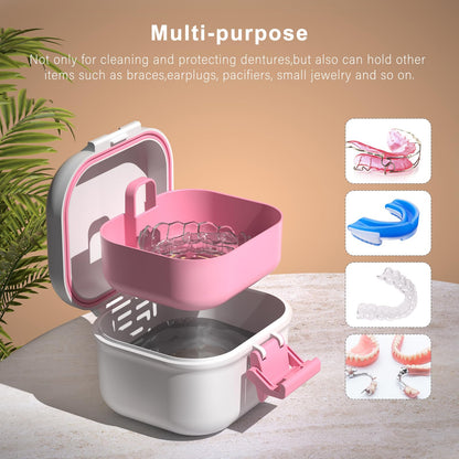 BVN Leak-Proof Denture Case – Pink & White Denture Cup for Soaking