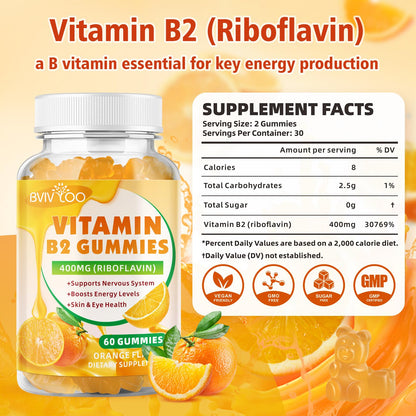 BVIVLOO Vitamin B2 Gummies 400 mg - Migraine Relief, Energy, Brain Health | 2 Pack, Vegan, Sugar-Free, Orange, 120 Gummies
