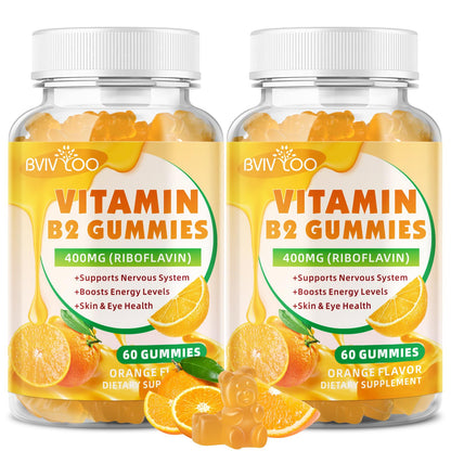 BVIVLOO Vitamin B2 Gummies 400 mg - Migraine Relief, Energy, Brain Health | 2 Pack, Vegan, Sugar-Free, Orange, 120 Gummies